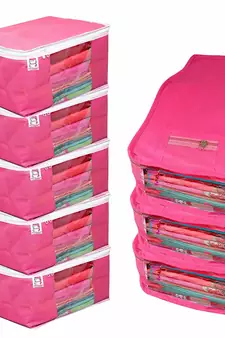 atorakushon   Fabric 5 Saree Cover and 3 Blouse Clothes Storage Bag Wardrobe Garments Organiser (Pink)