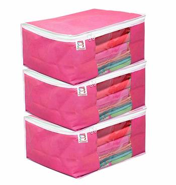 atorakushonFabric 3 Piece Saree Cover Clothes Storage Bags Garments Wardrobe Organiser (Pink) 1