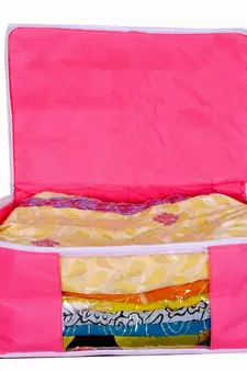 atorakushonFabric 3 Piece Saree Cover Clothes Storage Bags Garments Wardrobe Organiser (Pink)