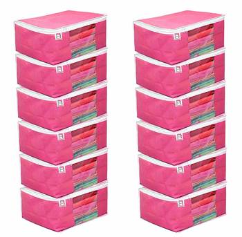 atorakushon Fabric 12 Piece Saree Cover Clothes Storage Bags Garments Wardrobe Organiser (Pink) 1