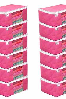 atorakushon Fabric 12 Piece Saree Cover Clothes Storage Bags Garments Wardrobe Organiser (Pink)