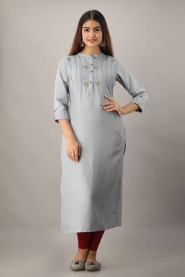 Women's  Grey Rayon Embroidered Straight Kurta 1
