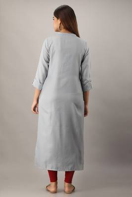 Women's  Grey Rayon Embroidered Straight Kurta 3