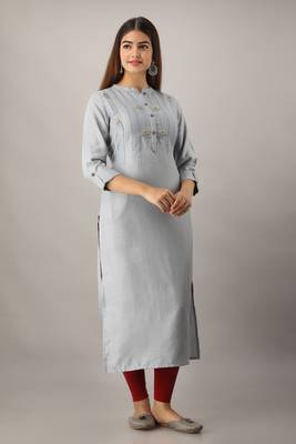 Women's  Grey Rayon Embroidered Straight Kurta 4