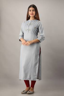 Women's  Grey Rayon Embroidered Straight Kurta 5