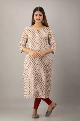Women's  Beige Cotton Geometric Straight Kurta 1
