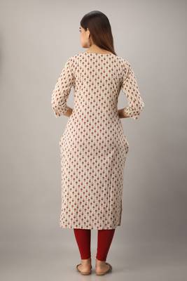 Women's  Beige Cotton Geometric Straight Kurta 3