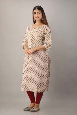 Women's  Beige Cotton Geometric Straight Kurta 4