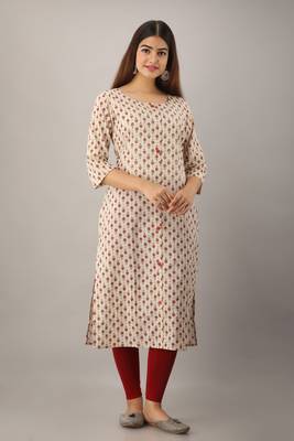 Women's  Beige Cotton Geometric Straight Kurta 5