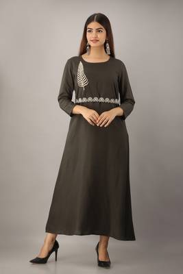 Women's  Grey Rayon Embroidered A-Line Kurta Dress 1