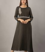 Women's  Grey Rayon Embroidered A-Line Kurta Dress