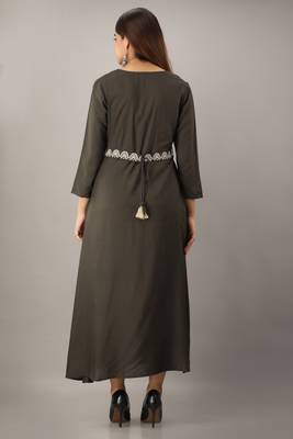Women's  Grey Rayon Embroidered A-Line Kurta Dress 3