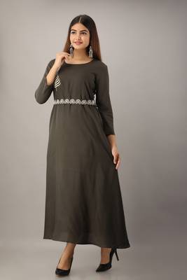 Women's  Grey Rayon Embroidered A-Line Kurta Dress 4