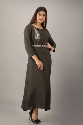 Women's  Grey Rayon Embroidered A-Line Kurta Dress 5
