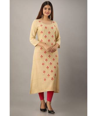 Women's  Beige Rayon Printed & Embroidery A-Line Kurta 1
