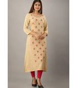 Women's  Beige Rayon Printed & Embroidery A-Line Kurta