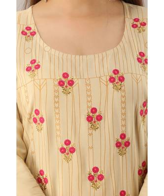 Women's  Beige Rayon Printed & Embroidery A-Line Kurta 2