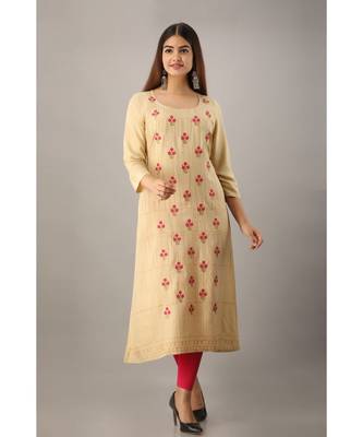 Women's  Beige Rayon Printed & Embroidery A-Line Kurta 4