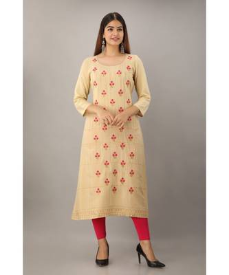 Women's  Beige Rayon Printed & Embroidery A-Line Kurta 5