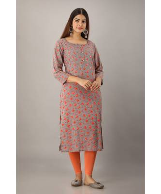 Women's  Grey Cotton Floral Straight Kurta 1