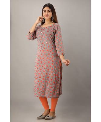 Women's  Grey Cotton Floral Straight Kurta 4