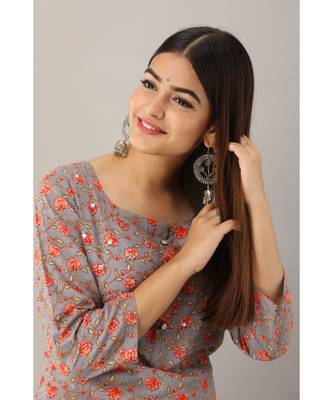 Women's  Grey Cotton Floral Straight Kurta 5