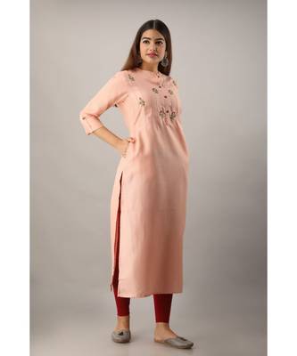 Women's  Peach Rayon Embroidered Straight Kurta 4