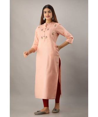 Women's  Peach Rayon Embroidered Straight Kurta 5