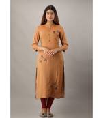 Women's  Rust Rayon Slub Embroidered Straight Kurta