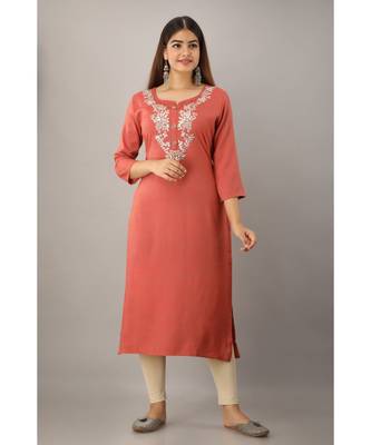 Women's  Rust Rayon Slub Embroidered Straight Kurta 1