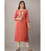 Women's  Rust Rayon Slub Embroidered Straight Kurta