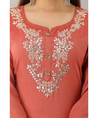 Women's  Rust Rayon Slub Embroidered Straight Kurta 2