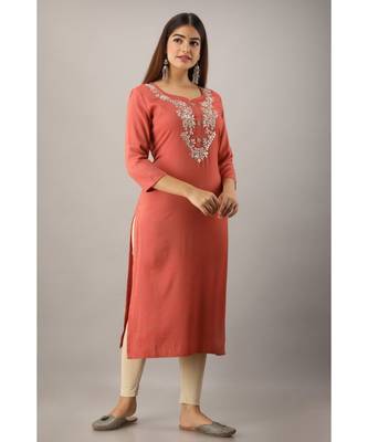 Women's  Rust Rayon Slub Embroidered Straight Kurta 4