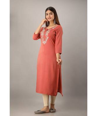 Women's  Rust Rayon Slub Embroidered Straight Kurta 5