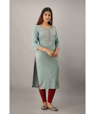 Women's  Teal Grey Rayon Slub Embroidered Straight Kurta 1
