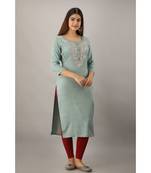 Women's  Teal Grey Rayon Slub Embroidered Straight Kurta