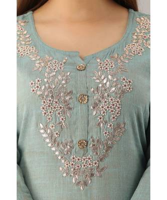 Women's  Teal Grey Rayon Slub Embroidered Straight Kurta 2