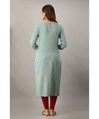 Women's  Teal Grey Rayon Slub Embroidered Straight Kurta 3