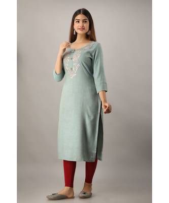 Women's  Teal Grey Rayon Slub Embroidered Straight Kurta 4