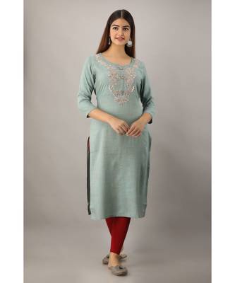 Women's  Teal Grey Rayon Slub Embroidered Straight Kurta 5