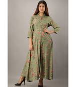 Women's  Green Rayon Floral Flared Kurta Dress