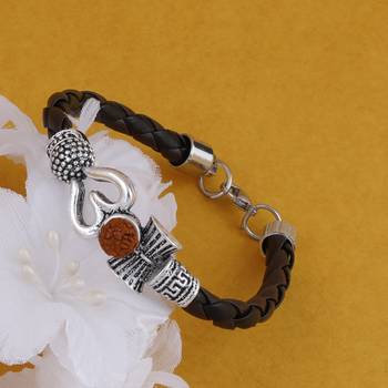 Rudraksha OM Trishul Damroo Designer Oxidized Silver Bahubali Leather Kada Bracelet Unisex Bracelets for Men & Women 1