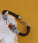 Rudraksha OM Trishul Damroo Designer Oxidized Silver Bahubali Leather Kada Bracelet Unisex Bracelets for Men & Women
