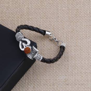 Rudraksha OM Trishul Damroo Designer Oxidized Silver Bahubali Leather Kada Bracelet Unisex Bracelets for Men & Women 2