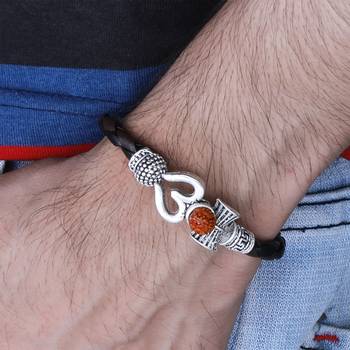 Rudraksha OM Trishul Damroo Designer Oxidized Silver Bahubali Leather Kada Bracelet Unisex Bracelets for Men & Women 3