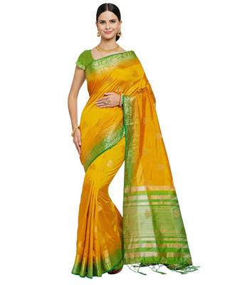 Yellow woven banarasi silk saree with blouse 1