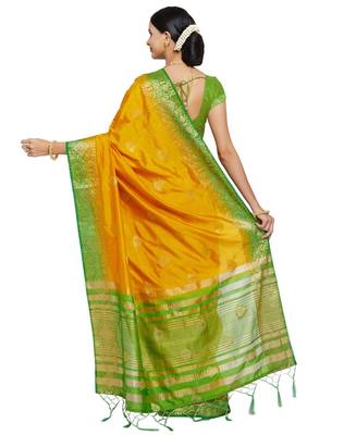 Yellow woven banarasi silk saree with blouse 2