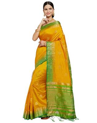 Yellow woven banarasi silk saree with blouse 3