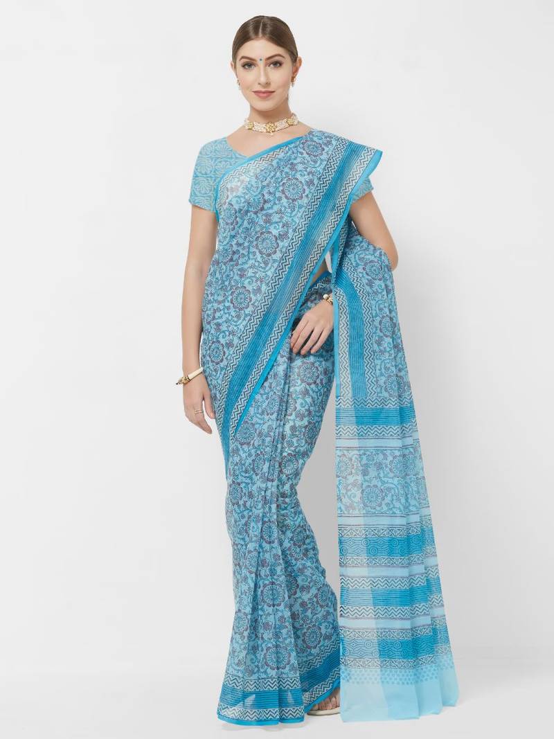 Women's Cotton Blend Blue Printed Designer Saree With Blouse Piece