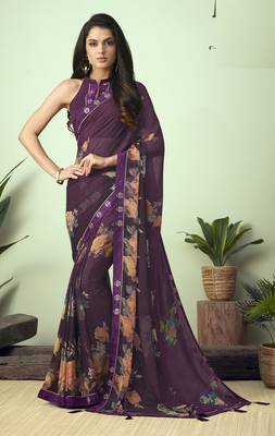 Purple printed chiffon saree with blouse 1